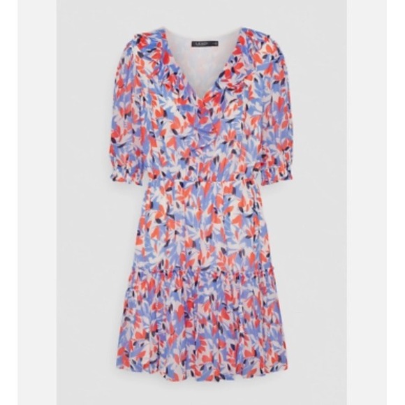 NWOT Lauren Ralph Lauren Floral Crinkled Georgette Dress Blue Orange Size 14‎ - Picture 1 of 7
